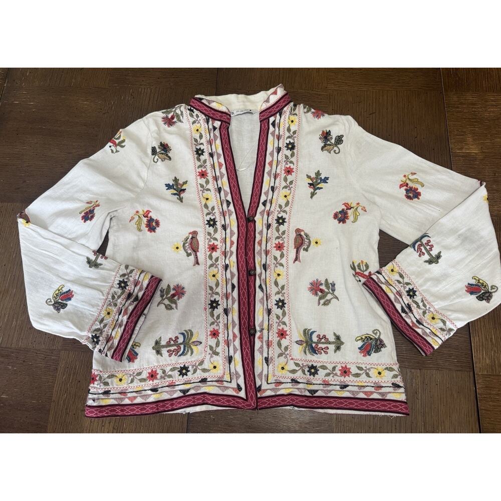 ZARA Off White Embroidered Linen Blend Jacket Size M